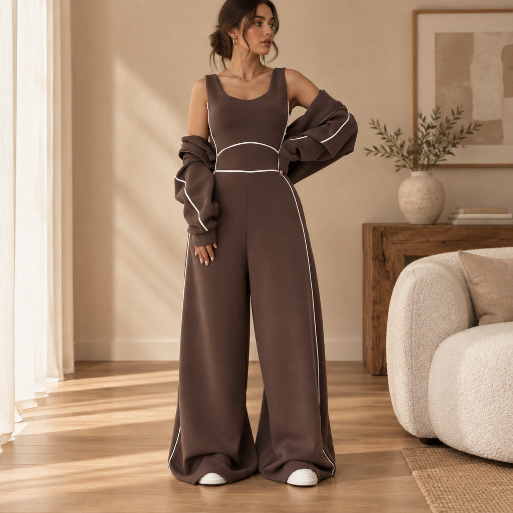 Women's Contrast-Piped Wide-Leg Jumpsuit & Cropped Zip Jacket Set