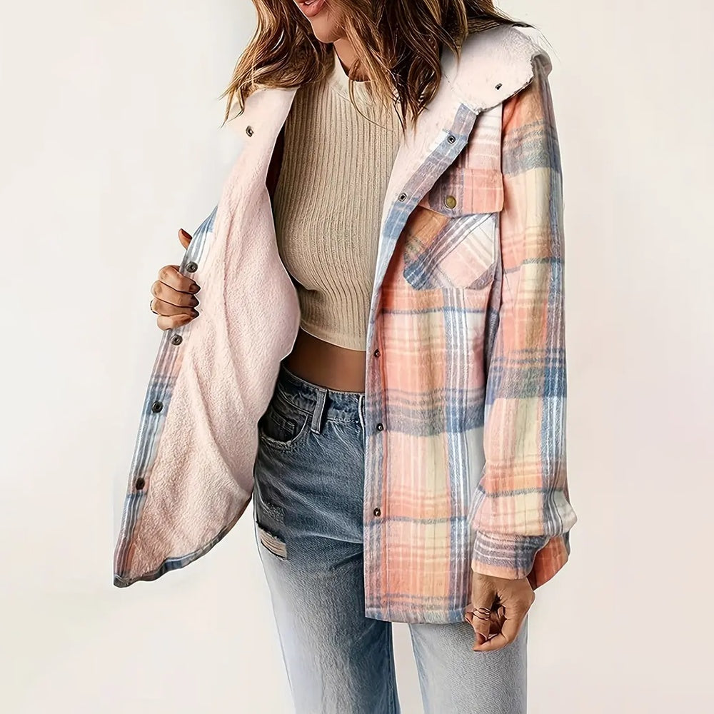 Chaqueta de manga larga a cuadros con botones para mujer