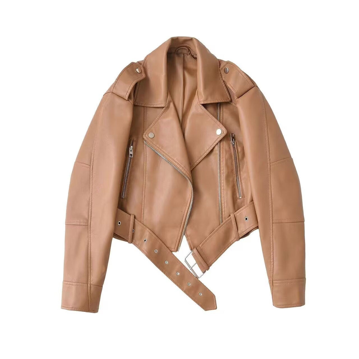 Womens Retro Short-belted Biker Jacket