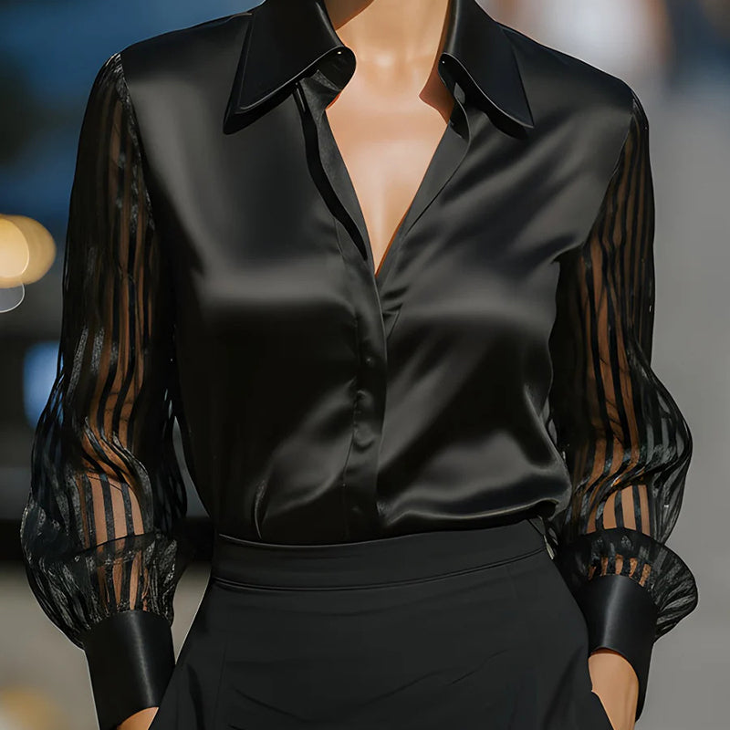 Blusa de satén con cuello solapa para mujer - Camisa transparente de manga larga con botones para oficina y primavera/otoño