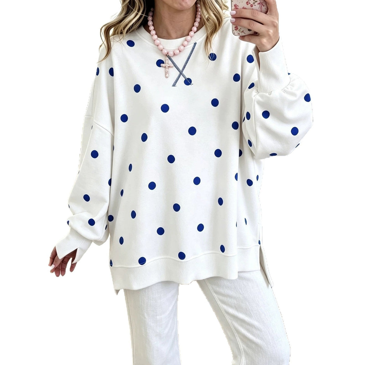 Womens Polka-Dot Print Pullover Long-Sleeve Sweatshirt
