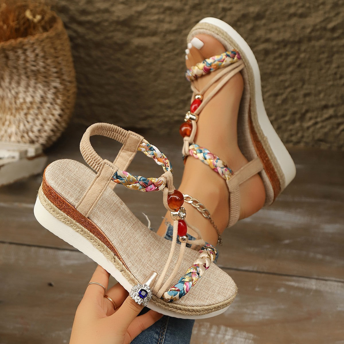 Women's Rhinestone Beaded Wedge Sandals