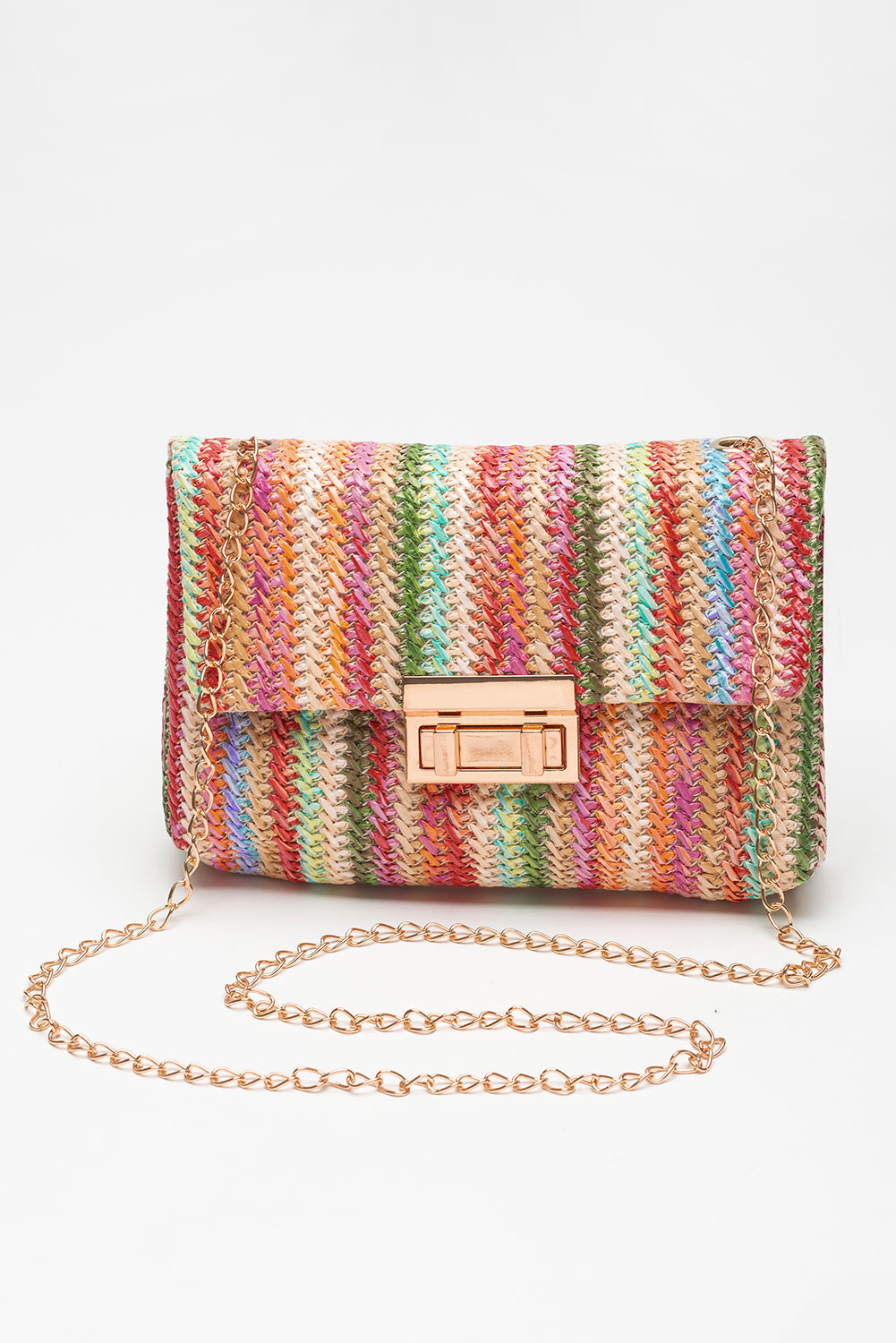 Bolso de Hombro Único con Solapa Rayado y Tejido Color Camel