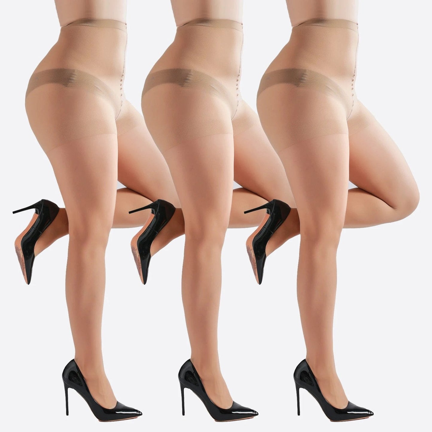 3 Pairs Plus Size Womens Sheer Tights 20D High Waist Control Top Pantyhose With Reinforced Toes