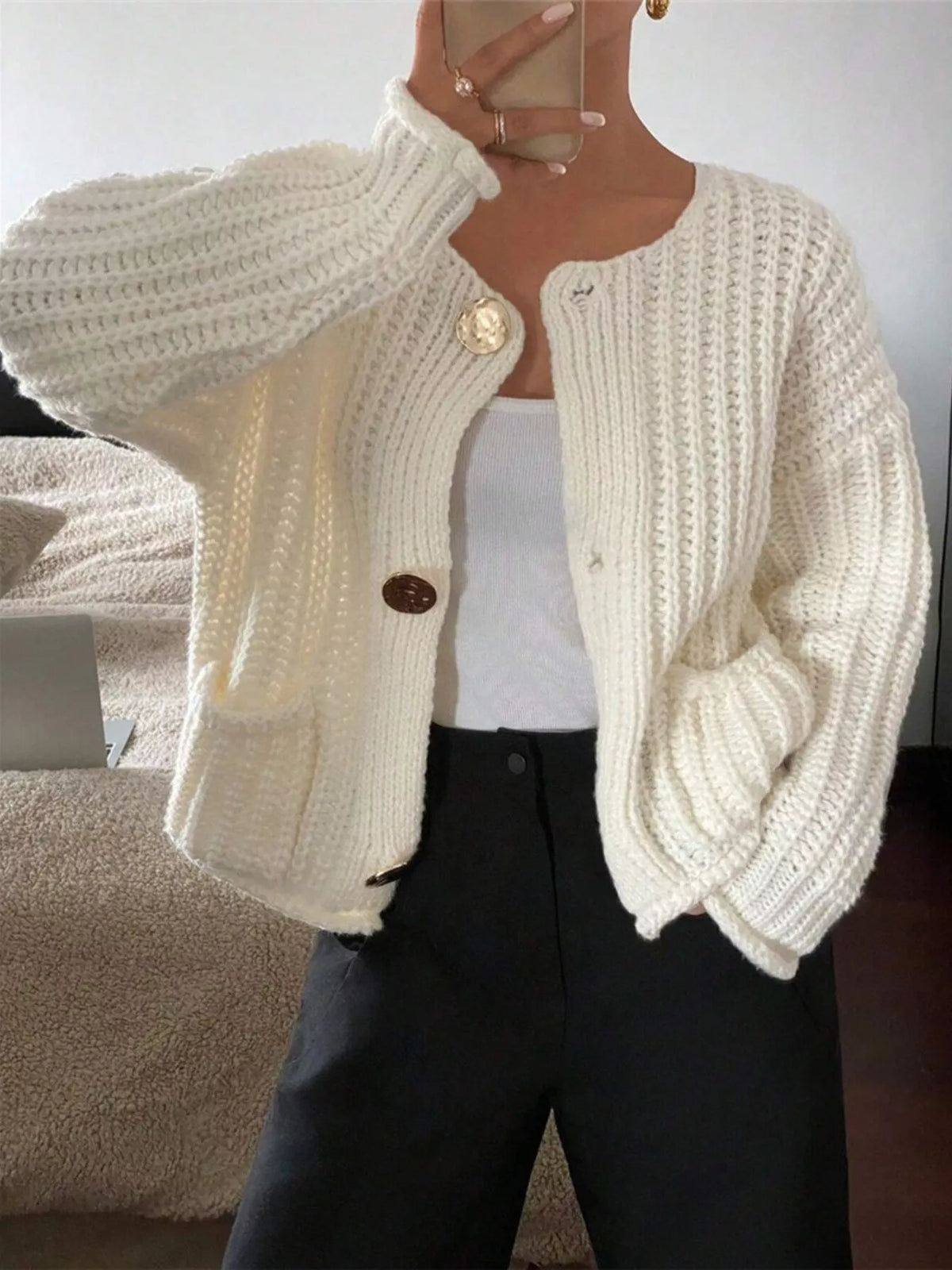 Button Up Dropped Shoulder Cardigan