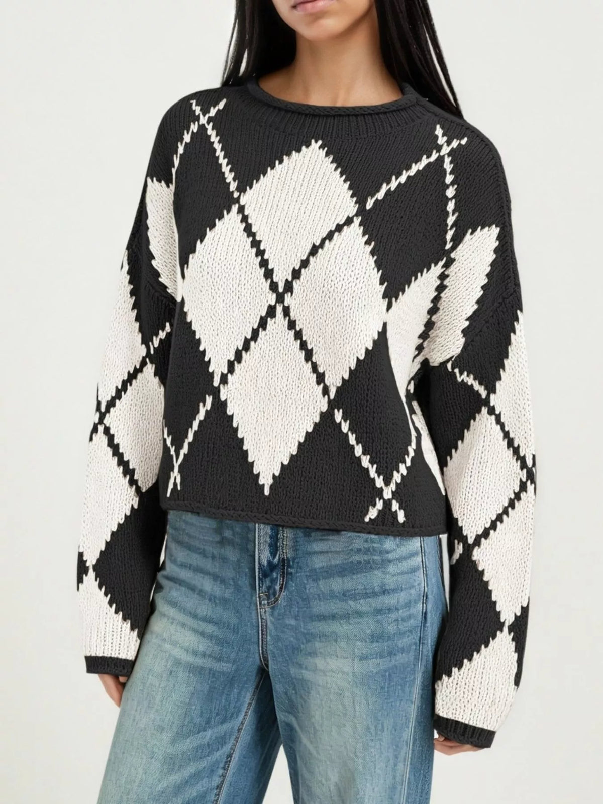 Argyle Pattern Knit Dropped Shoulder Sweater