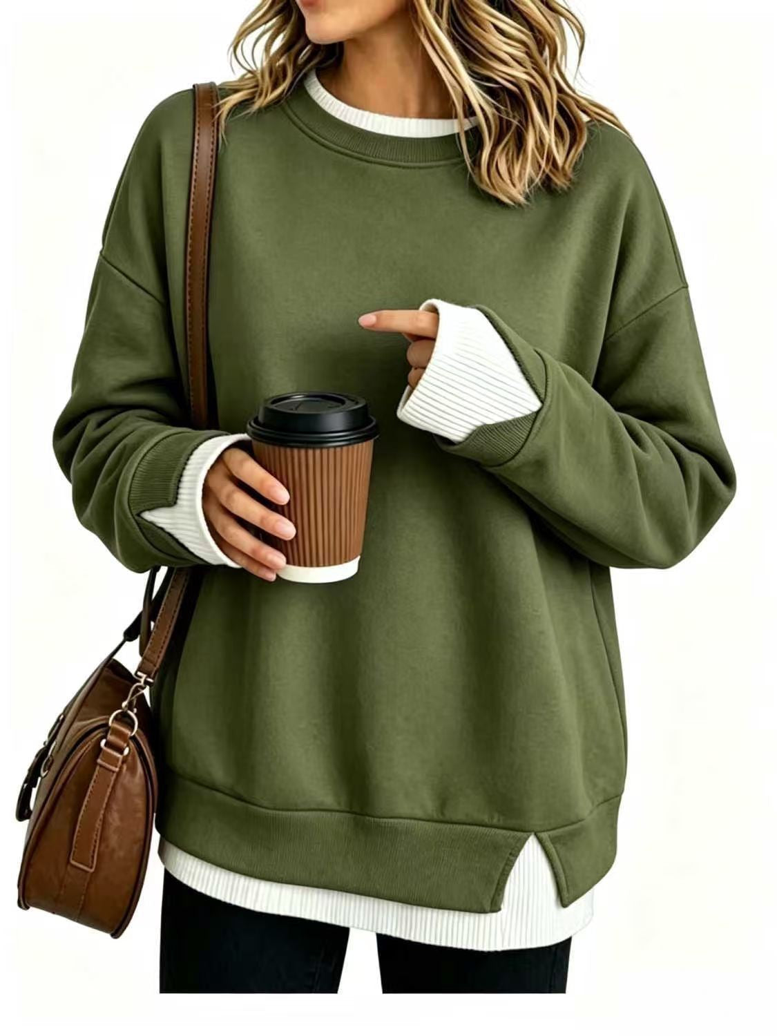2026 Autumn New European And American Cross-Border Women's Top, Fashionable And Versatile, Loose Casual Style, Faux Two-Piece Long-Sleeve Sweatshirt