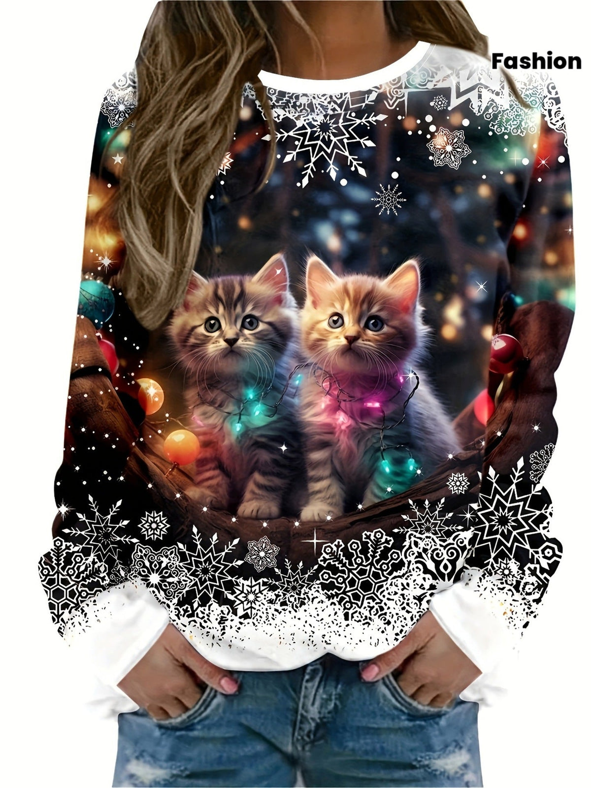 Christmas Themed Printed Women's Sweatshirt, Round Neck, Long Sleeves, Loose Casual Style, 3D Pattern, New Autumn And Winter Model