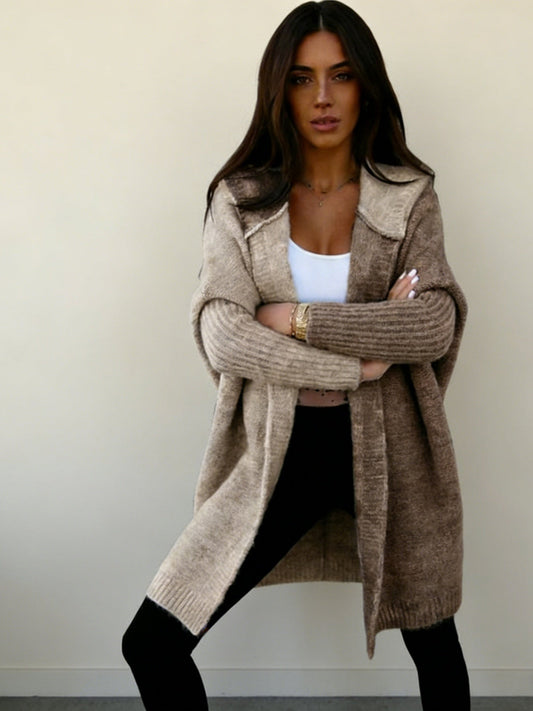 Cárdigan de punto con capucha y bloques de color para mujer – Abrigo tipo suéter de longitud media en talla grande