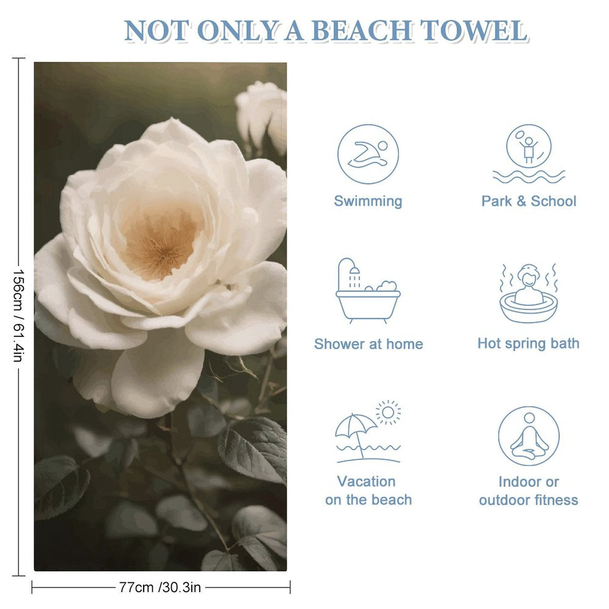 White Rose Bath or Beach Towel - 61.4" x 30.3"