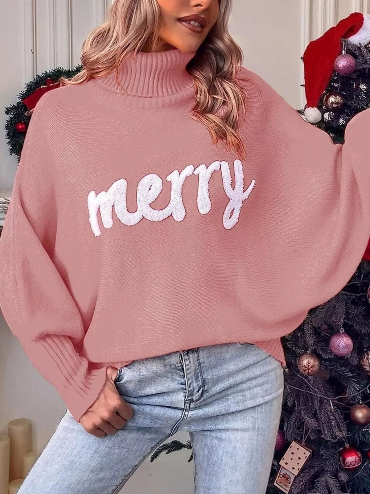 Merry Turtleneck Long Sleeve Christmas Sweater