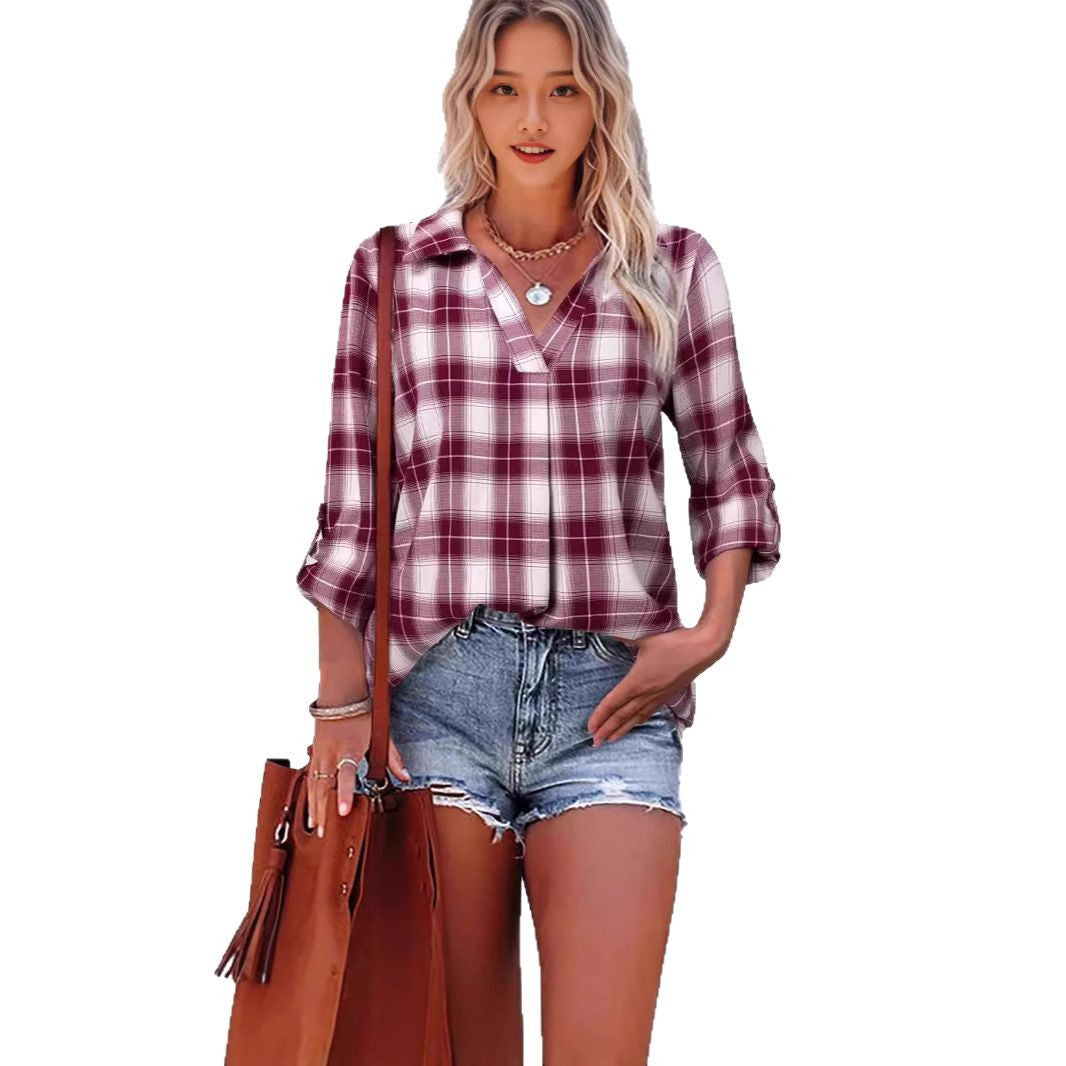 Camisa a cuadros de mujer con solapa suelta estilo casual Ver tabla de tallas en "más detalles"