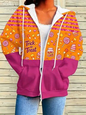 Women's Halloween-themed Printed Zip-up Hooded Jacket, Casual Long-sleeve Top, New Autumn American-style Sweatshirt