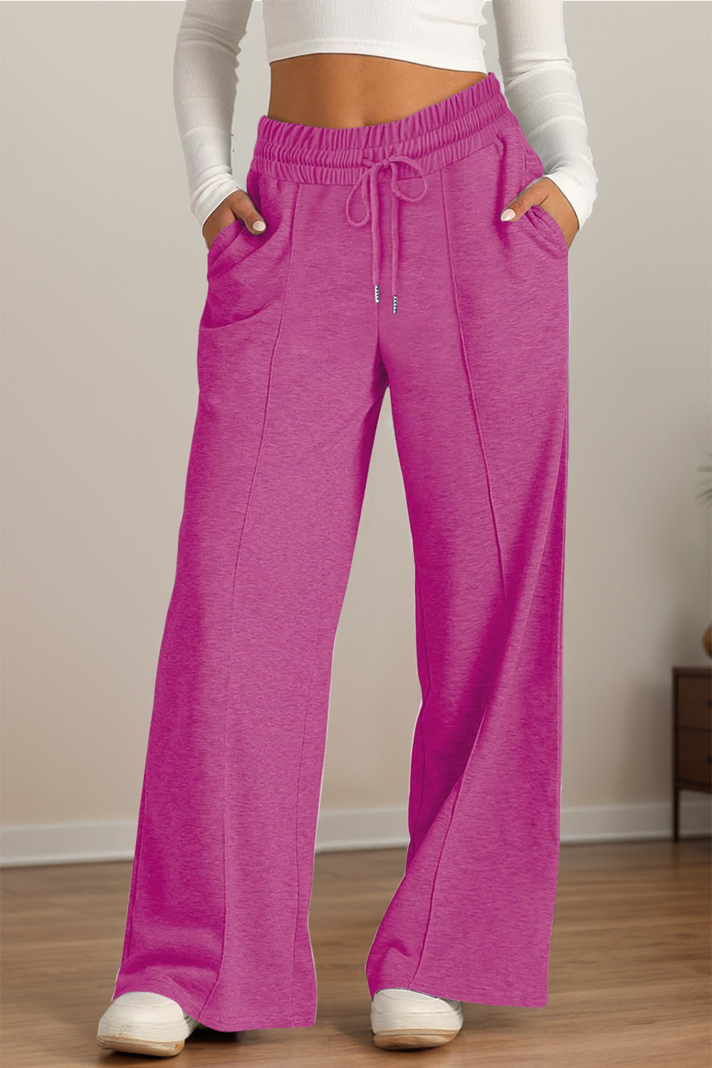 Pantalones de pernera ancha con cintura elástica y cordón ajustable