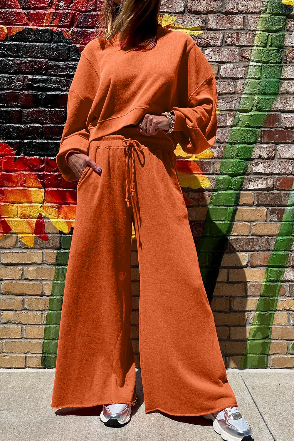 Flamingo Drop Shoulder Crop Pullover Drawstring Wide Leg Pants Set