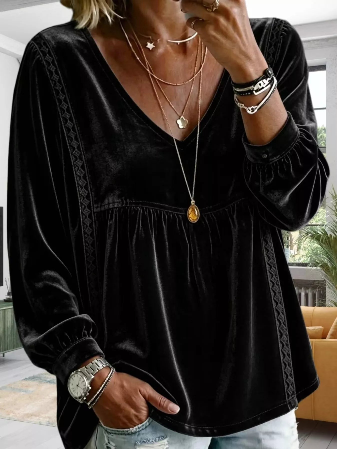 Full Size Velvet Lace Detail V-Neck Blouse Plus Size
