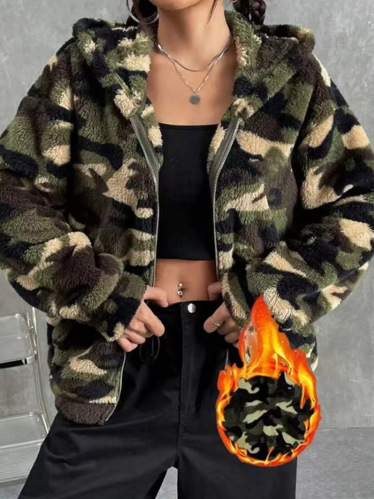 Camo Print Fuzzy Zip Up Outerwear