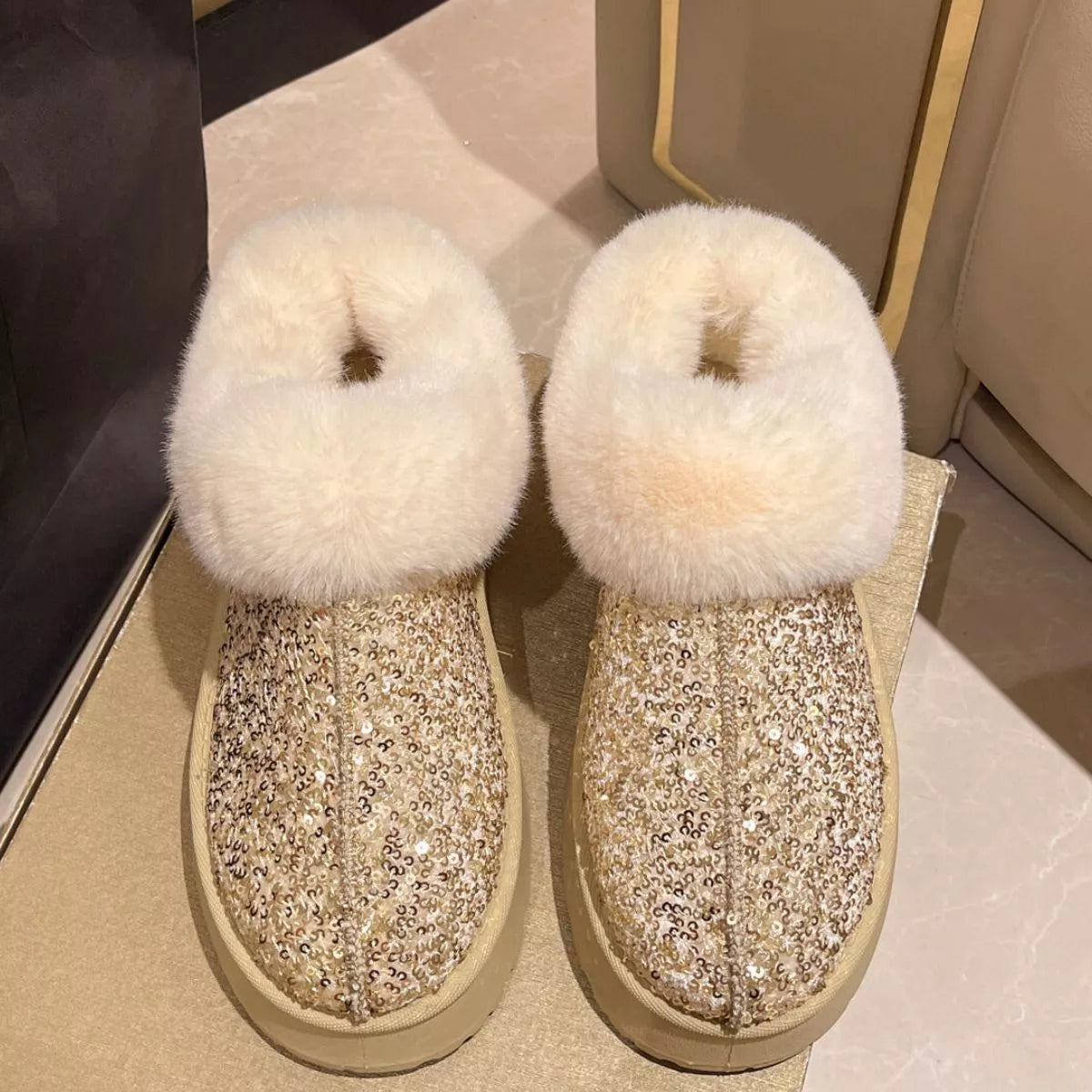 Sequin Round Toe Platform Boots