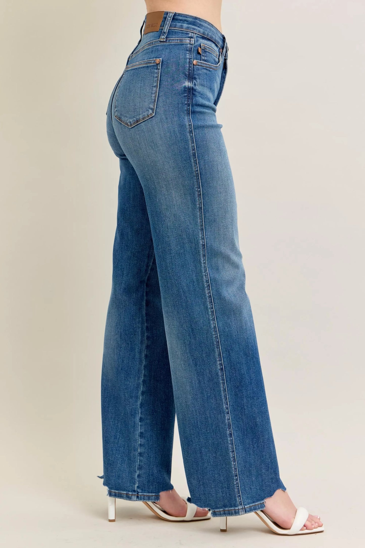 Judy Blue Full Size High Waist Tummy Control Chew Hem Destroy Wide Jeans Plus Size