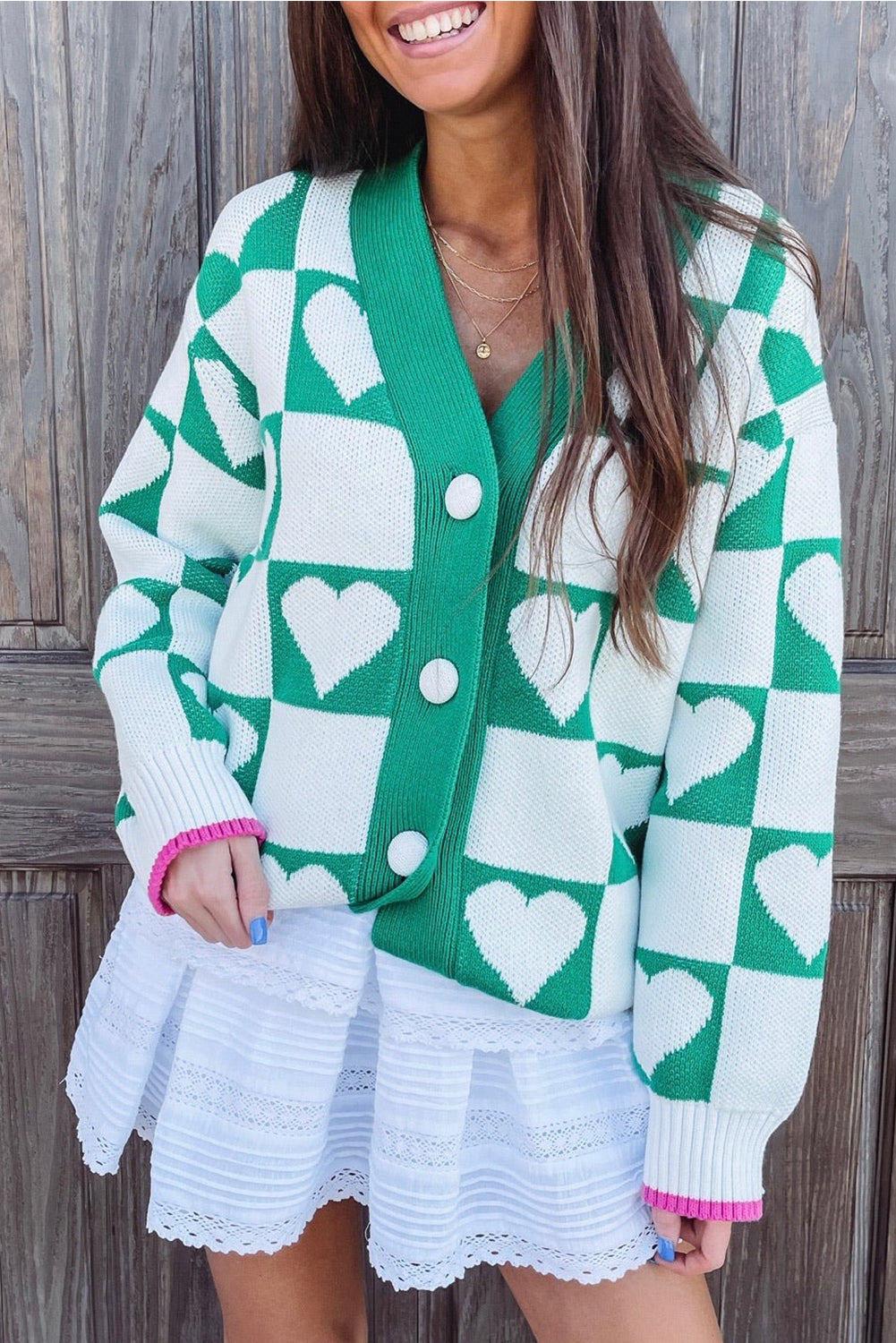 Cárdigan de punto con cuello en V y botones, a cuadros verde mar con corazón