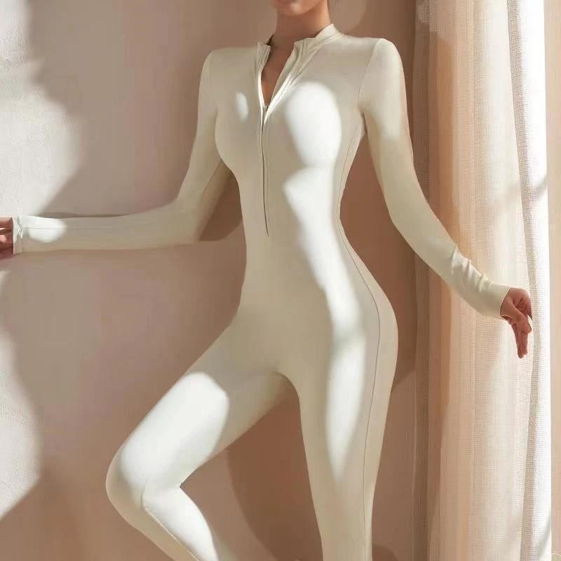 Long Sleeve Outdoor Sports Jumpsuit Workout Clothes Zipper Training Skinny Hip Raise Yoga Clothes