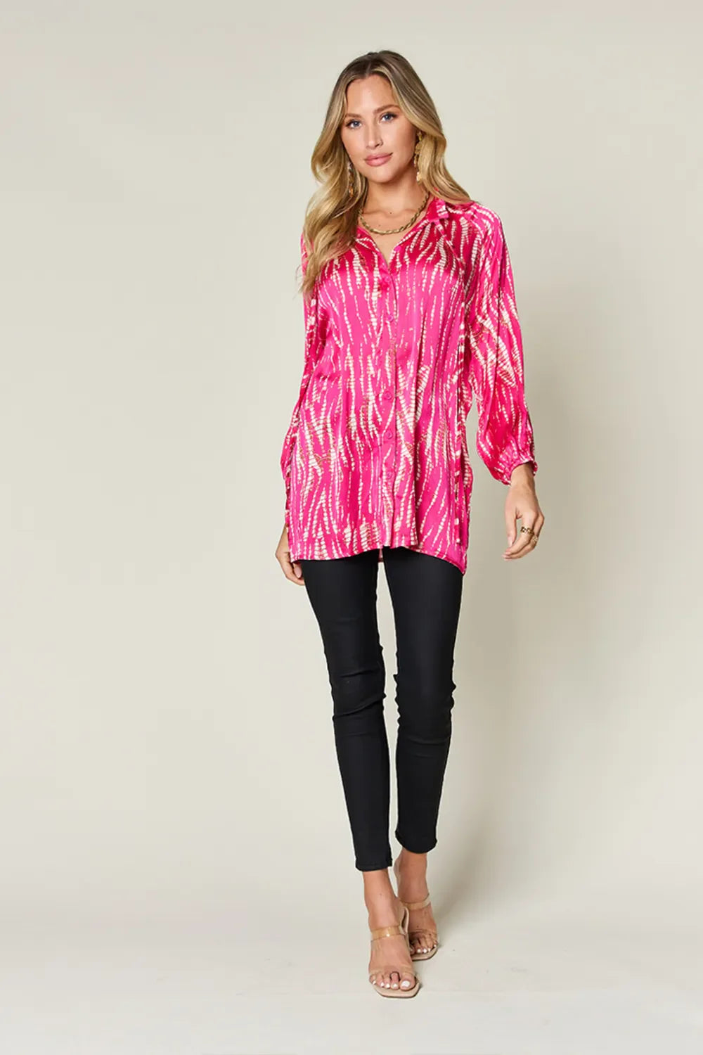 Camisa abotonada de manga larga estampada Full Size Double Take