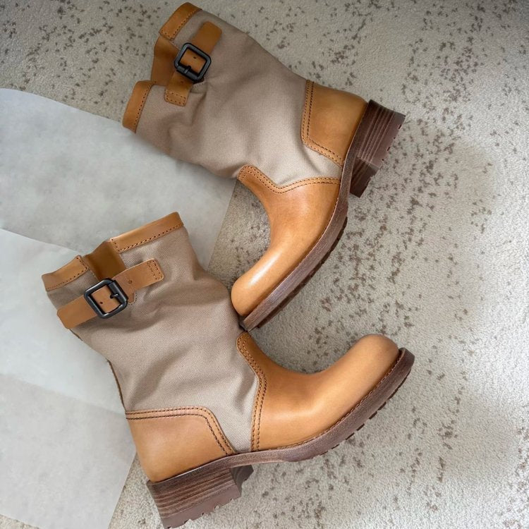 Pile Up Boots, Retro Martin Boots, Women's Genuine Leather Midsole Boots, Thick Heel, Thick Soled Knight Boots