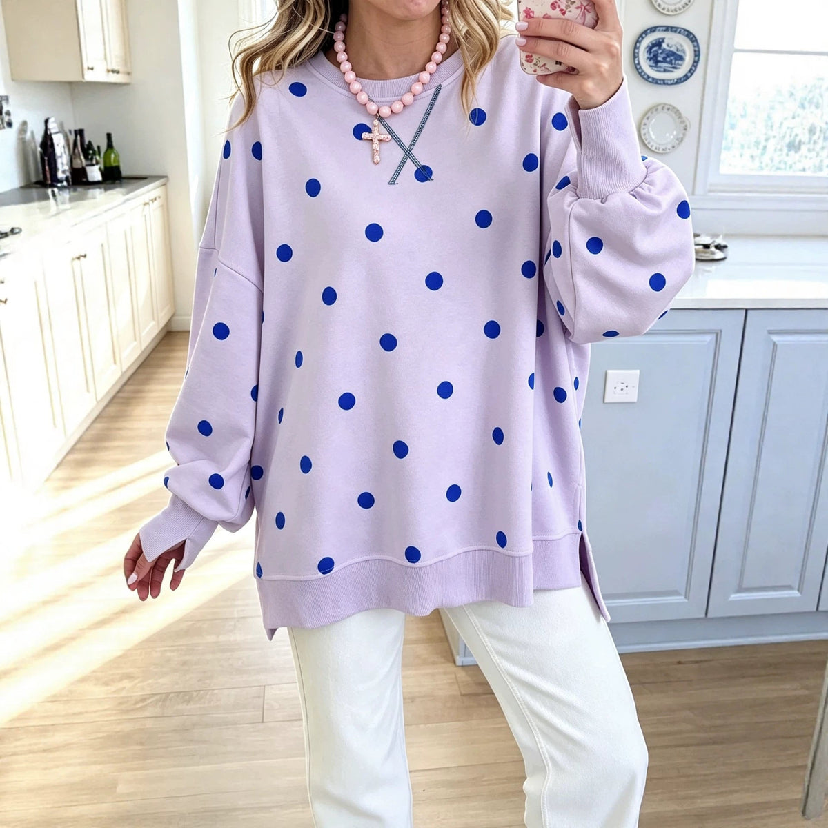 Womens Polka-Dot Print Pullover Long-Sleeve Sweatshirt