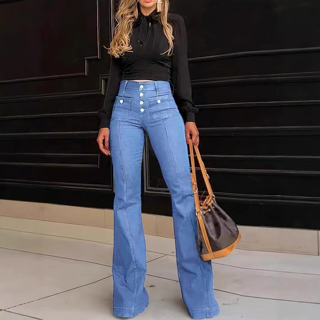 Vaqueros patchwork para mujer, ajustados, elásticos, acampanados, que estilizan. Ver tabla de tallas en "más detalles".