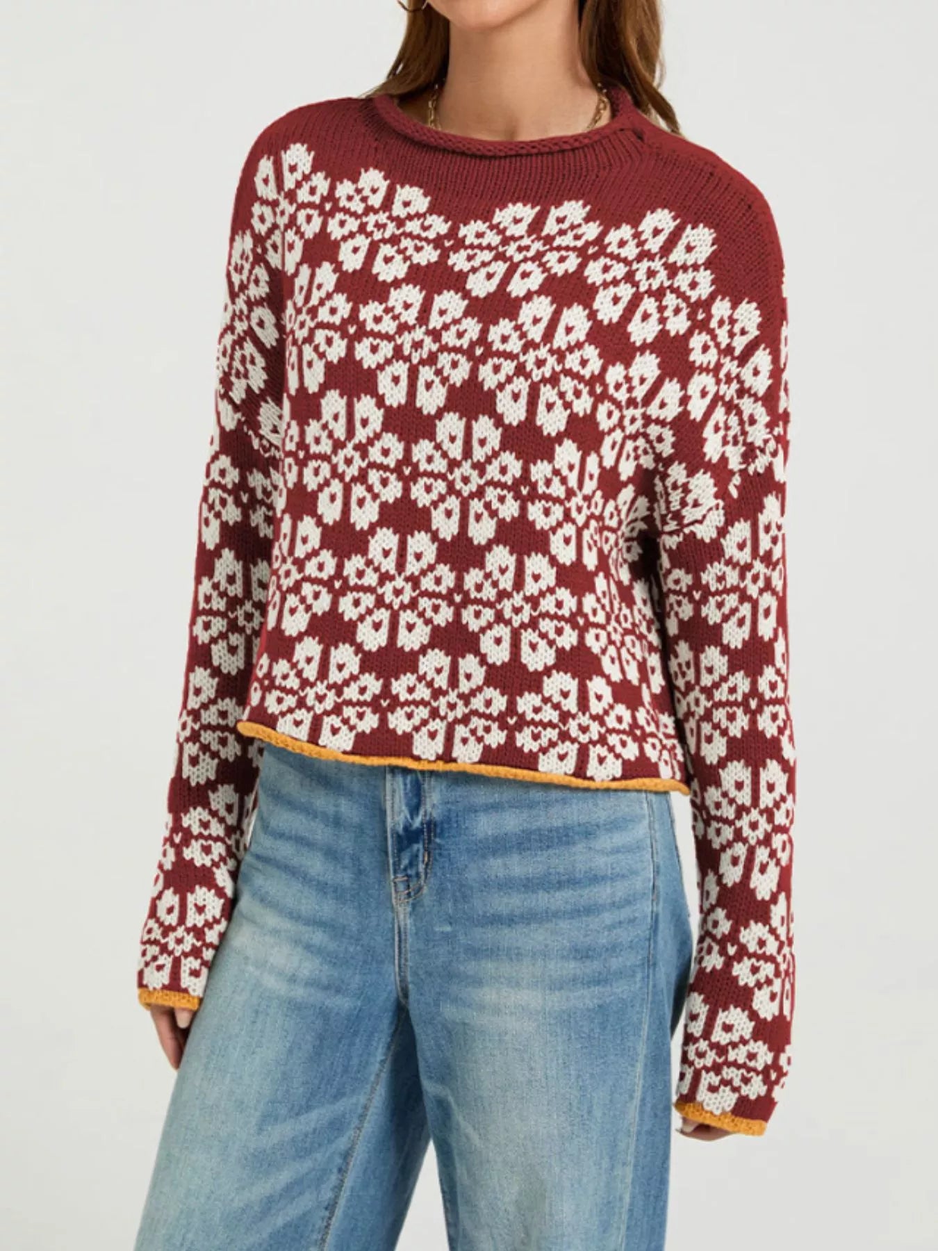 Floral Contrast Trim Dropped Shoulder Sweater
