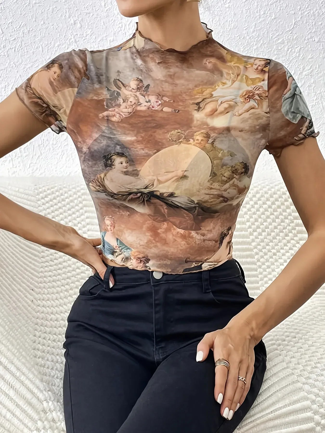 Abstract Print Ruffled Mock Neck Crop T-Shirt | Trendy Streetwear – Bona Fide Fashion