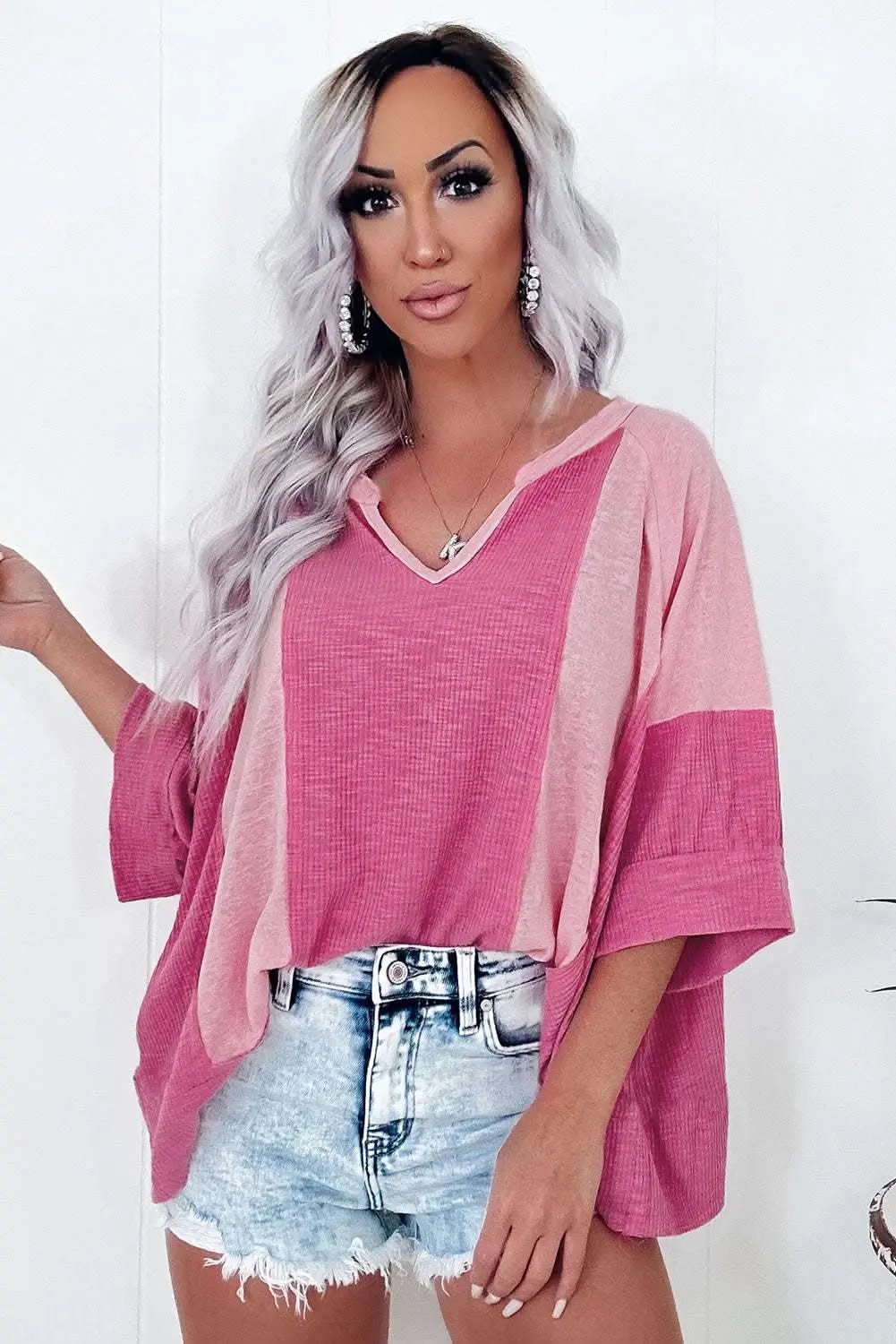Love Salve Women's Oversize Top Colorblock 3/4 Sleeve — Pink
