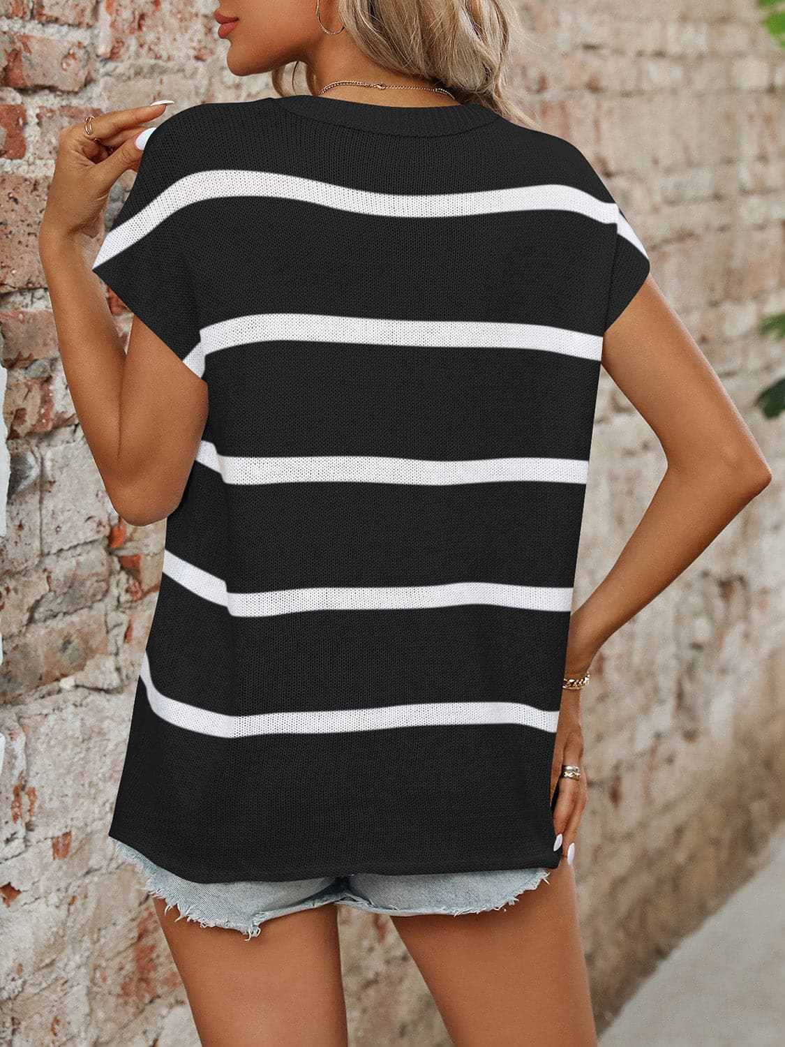 Sweaters Trendsi Chic striped knit top - round neck, short sleeves