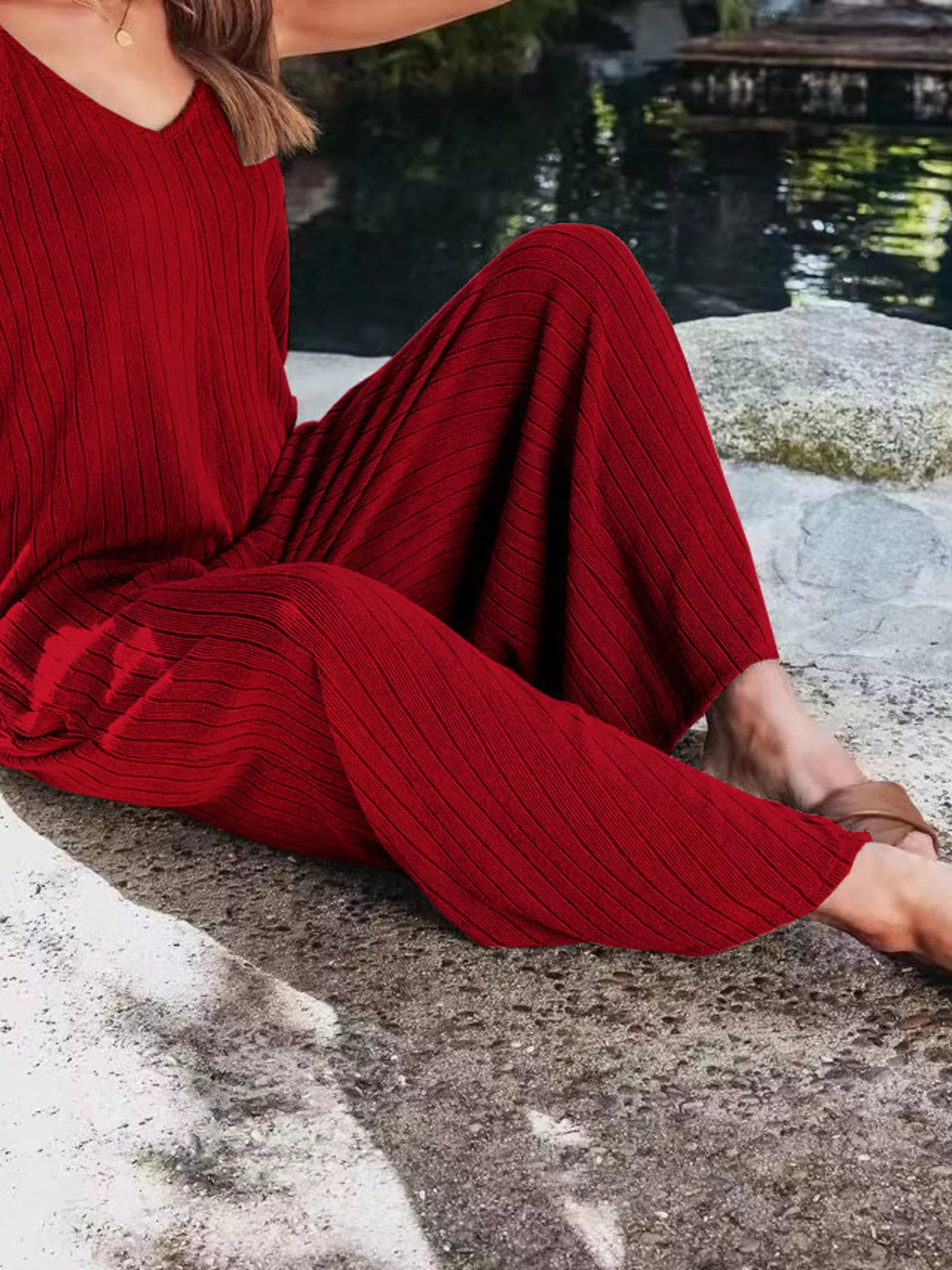 Ribbed V-Neck Wide Leg Jumpsuit