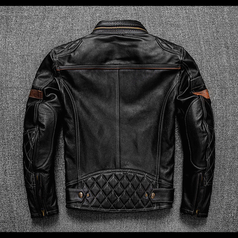Men's Genuine Leather Biker Jacket with Protective Gear