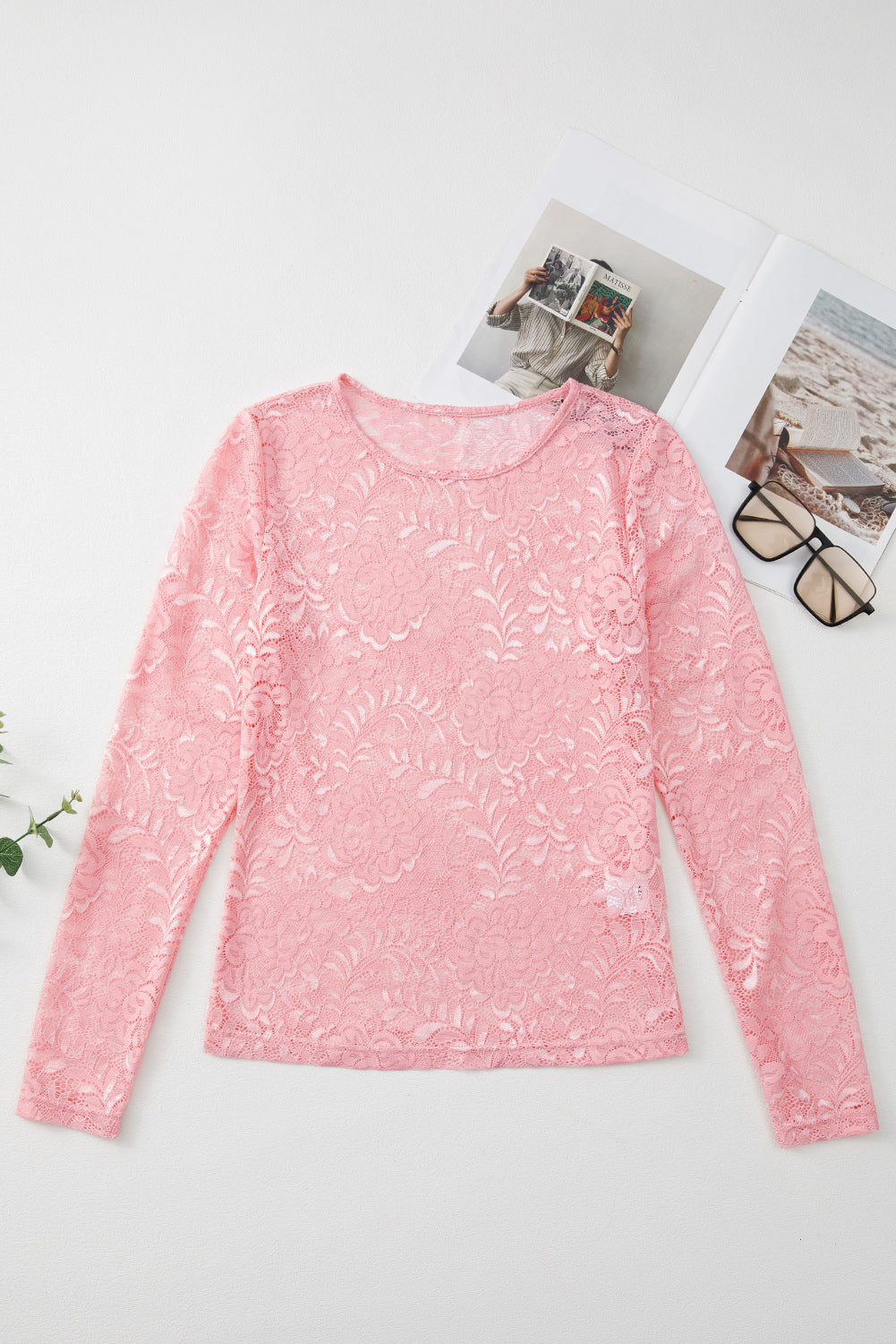 Top transparente de manga larga con encaje floral Blossom