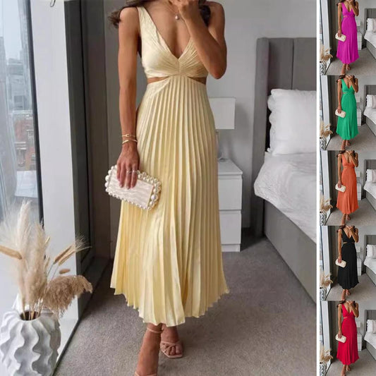 Vestido largo plisado con tirantes Ins con diseño ahuecado, a la moda, con cuello en V y espalda descubierta, vestidos de verano para mujer