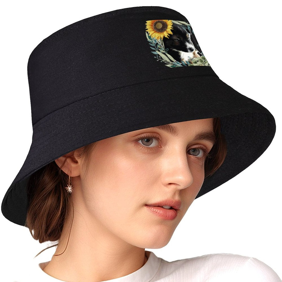 Black Bucket Hat with Cute Puppy for Women & Men (Front Printing)