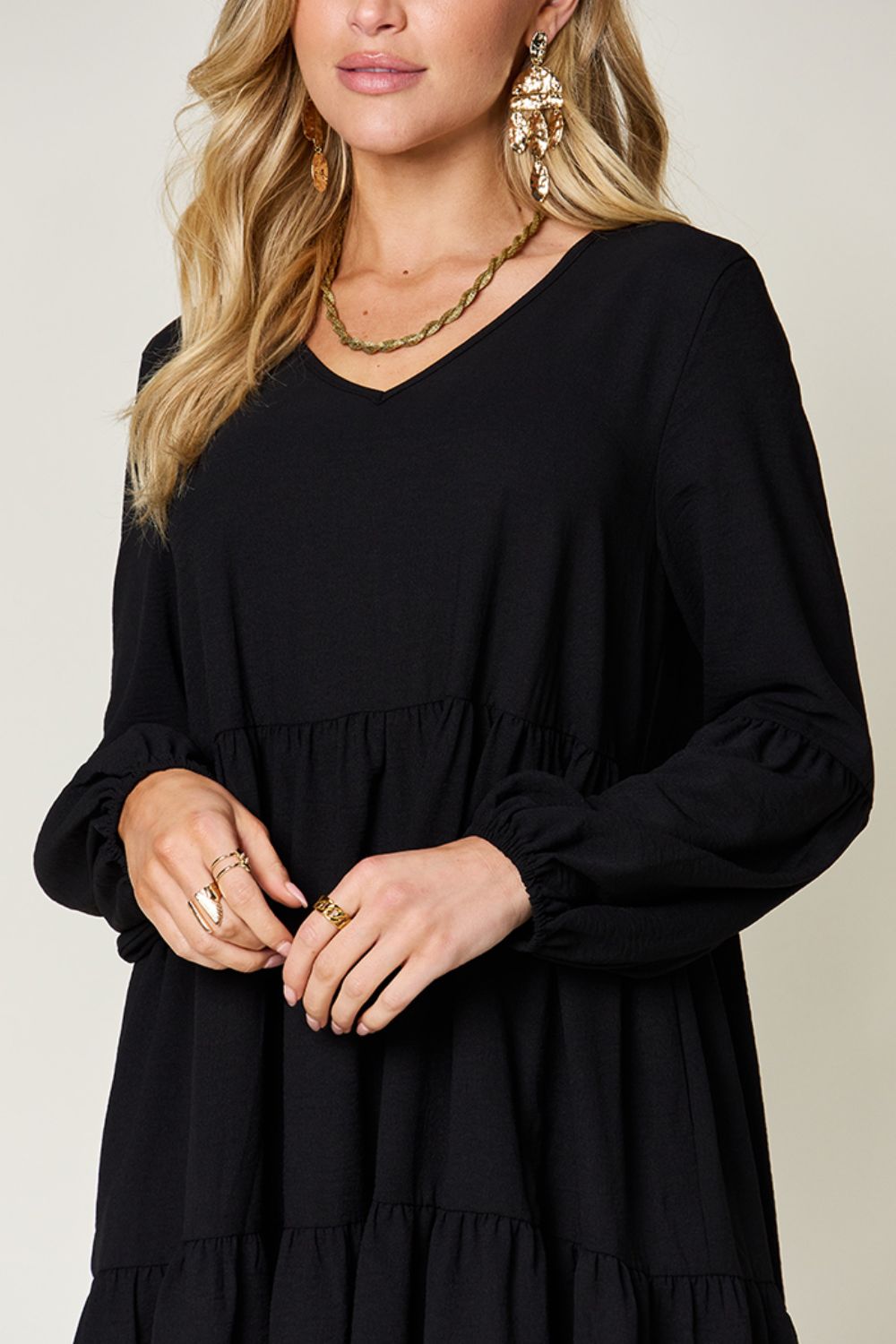 V-Neck Balloon Sleeve Tiered Boho Midi Dress