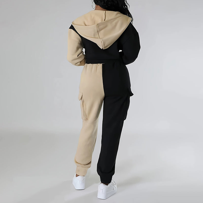 Women's Color Block 2 Piece Set, Full Zip Up Cropped Hoodie Jacket & Drawstring Cargo Pants, Casual Streetwear Outfit See size chart under “more details”