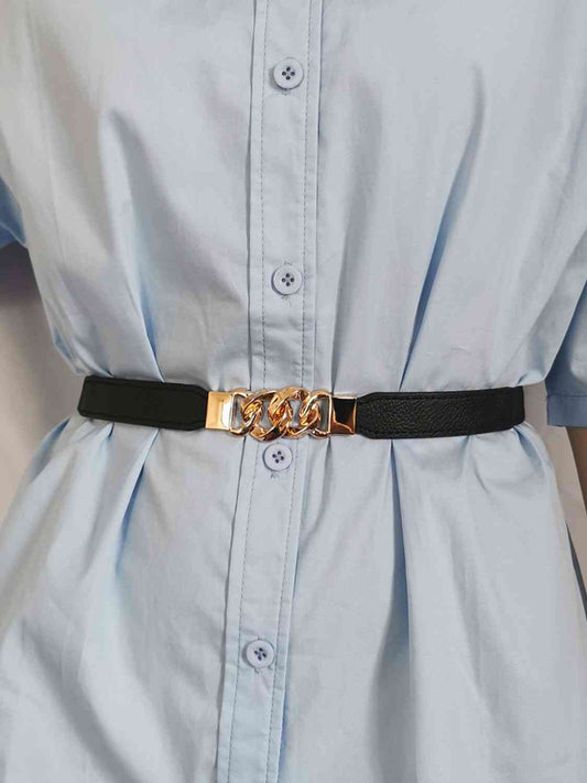 Cinturón elástico de PU con hebilla de aleación de zinc ElegantStyle – Accesorio versátil y elegante. Consulte la tabla de tallas en “más detalles”