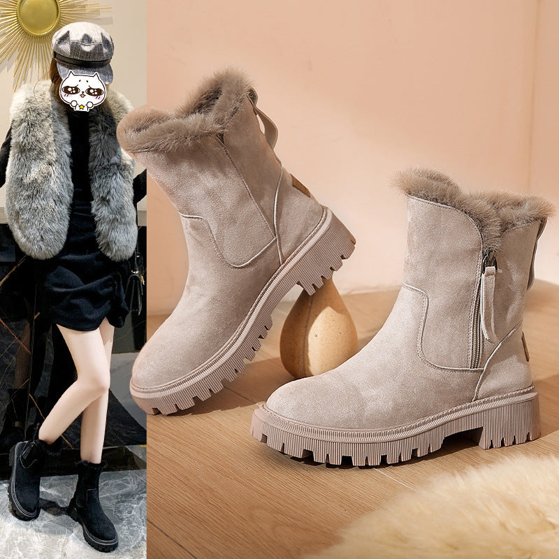 Womens Winter Fur-and-leather Snow Boots With Fleece Lining Casual Style