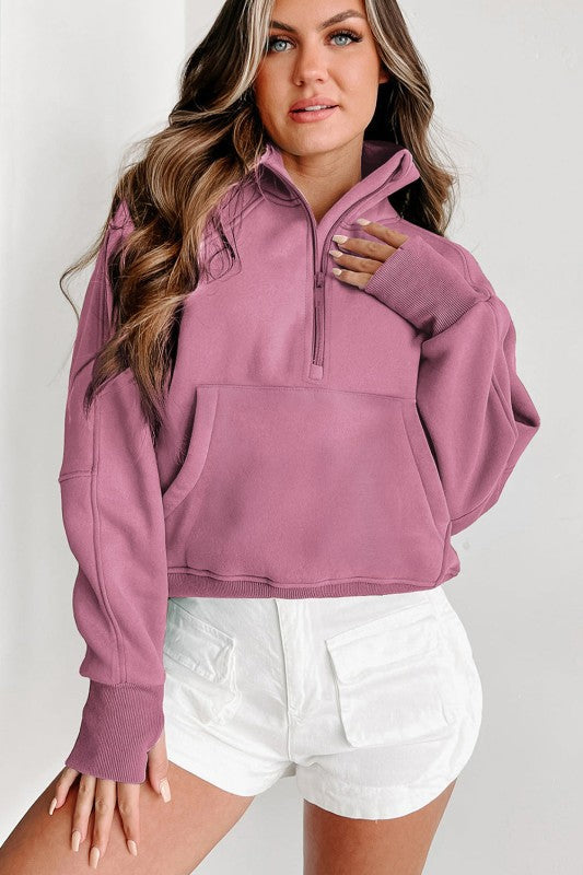 Sudadera de cuello medio con cremallera y forro polar liso