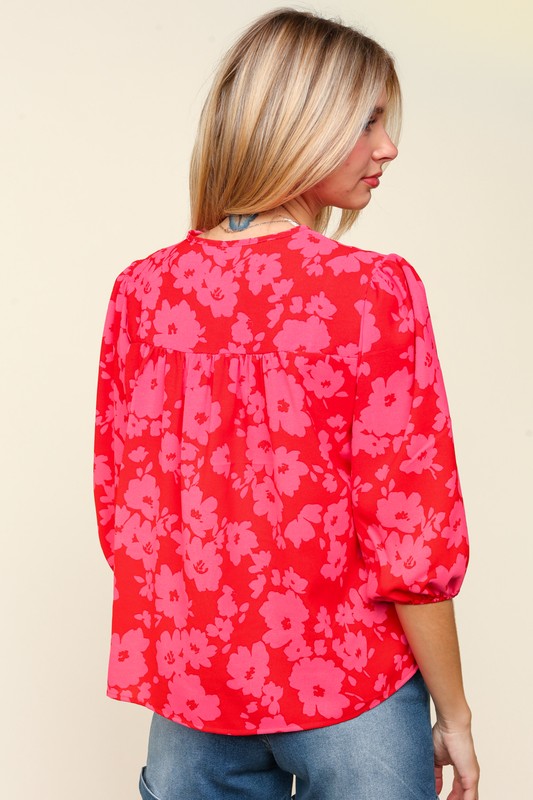 Haptics Blusa de Manga Globo con Lazo de Cinta Floral Talla Grande