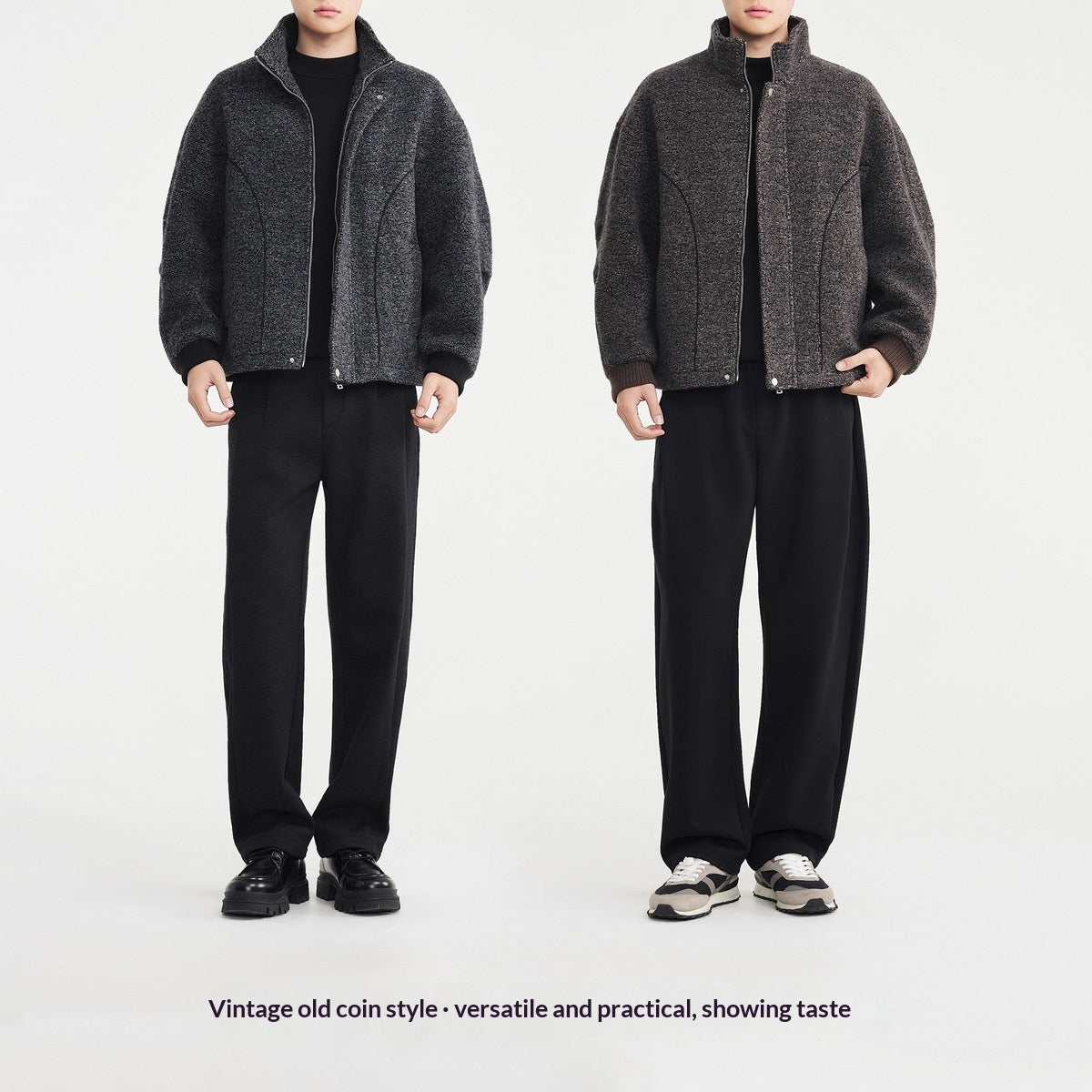 Mens Mixed-Color Wool Circle-Weave Overcoat With A Stand-Up Collar