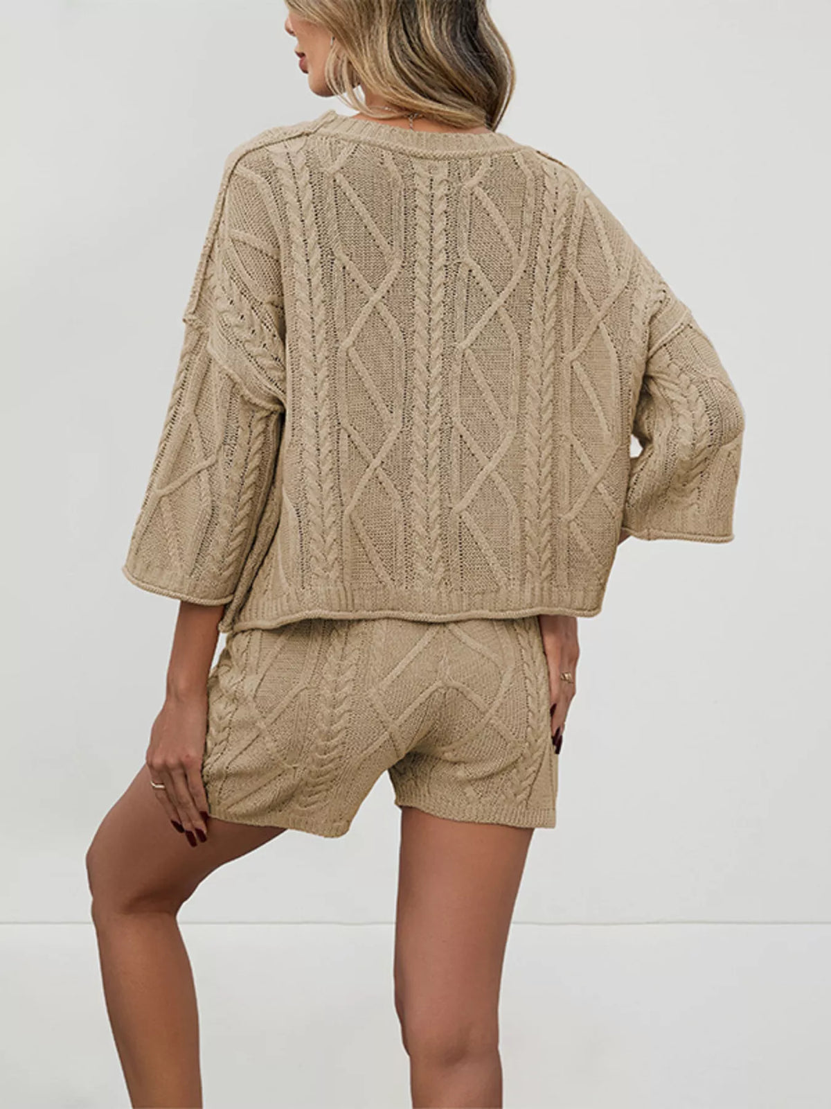 Cable Knit Round Neck Top and Shorts Sweater Set