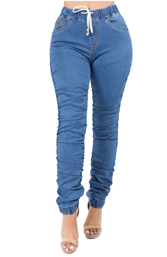 Pantalones jogger azul mezclilla: Pantalones fruncidos de tiro alto