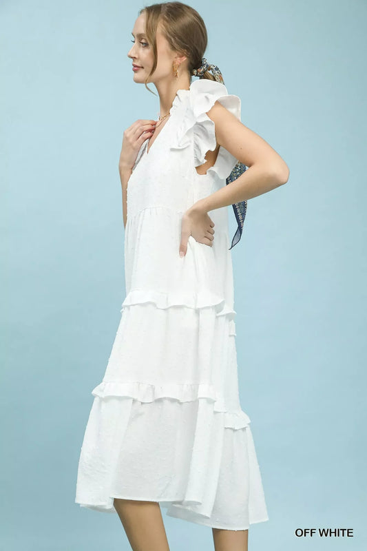 Umgee Textured Ruffle Sleeve Tiered Midi Dress in Off White