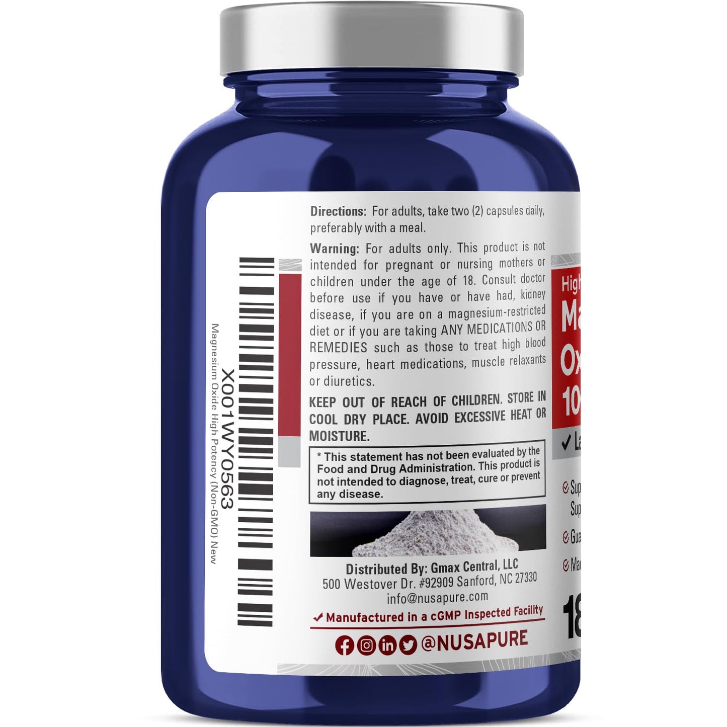 NusaPure Magnesium Oxide 1,000mg per Serving 180 Veggie Caps (Non-GMO, Vegan)