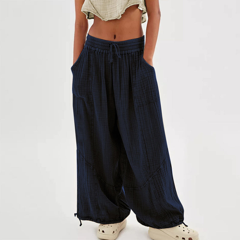 Pantalones de pernera ancha de color liso para mujer – Cintura elástica con cordón y bolsillos laterales